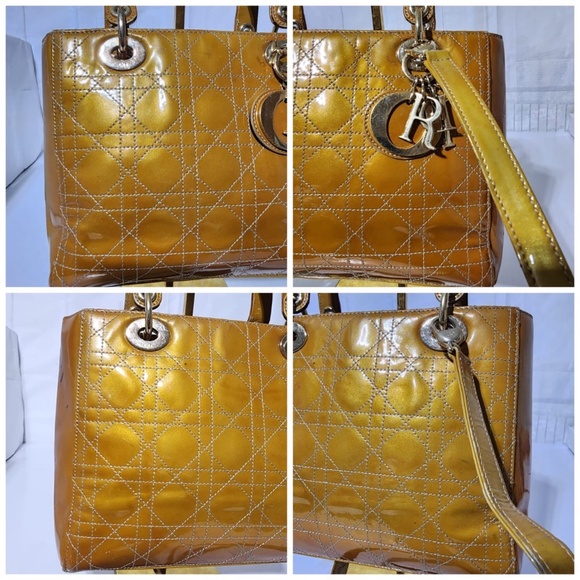 Authentic CHRISTIAN DIOR Patent Cannage Stitched Medium Lady Dior Tote Bag Gold - Picture 5 of 8